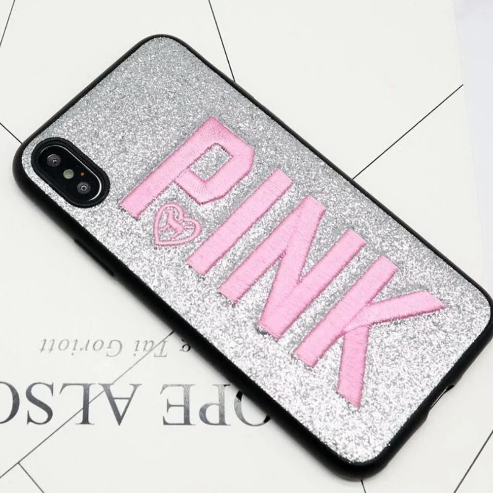 2 Pack Covers for Iphone X (1 silver and 1 pink) Embroidered Letters - Brand New